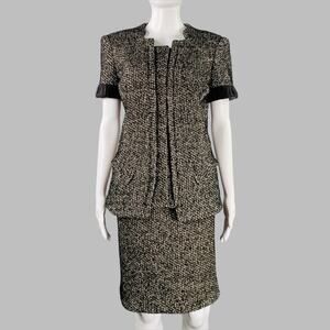 ZAC POSEN Size 6 Black White Cotton Blend Tweed Short Sleeve Skirt Suit